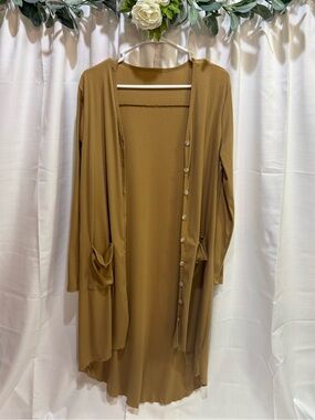 Ribbed Cotton Duster Cardigan Camel Mustard Longline Pocket Sweater Size L